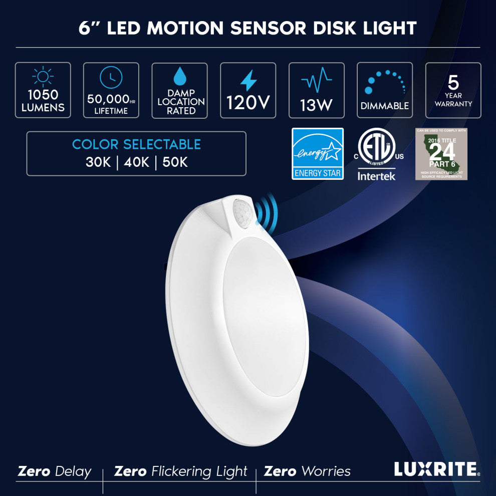 Luxrite 6 Inch LED Motion Sensor Light 3CCT 13W 1050LM ETL 2-Pack