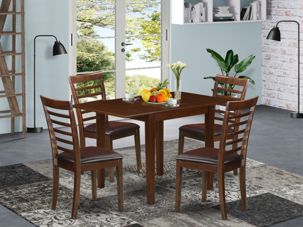5Pc Dining Set, A Table, 4 Dinette Chairs, Faux Leather Seat, Mahogany Finish