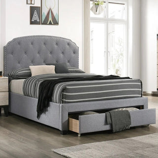 Linen Upholstered Twin Bed With 1 Drawer, Light Gray and Black