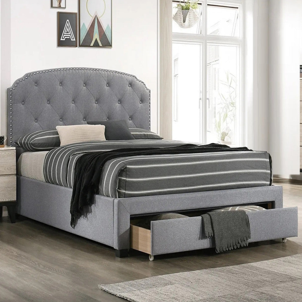 Linen Upholstered Twin Bed With 1 Drawer, Light Gray and Black
