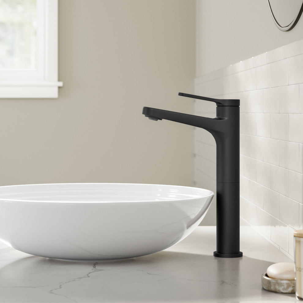 KRAUS Indy Single Handle Vessel Bathroom Faucet Matte Black, Pop Up Drain