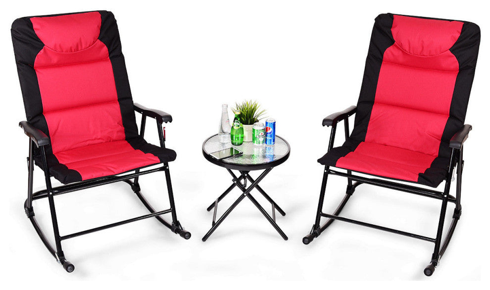 Costway 3 PCS Outdoor Folding Rocking Chair Table Set Bistro Sets Furniture Red