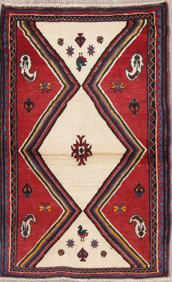 Consigned, Gabbeh Handmade Persian Oriental Low Pile Carpet, Beige, 4'1"X2'7"
