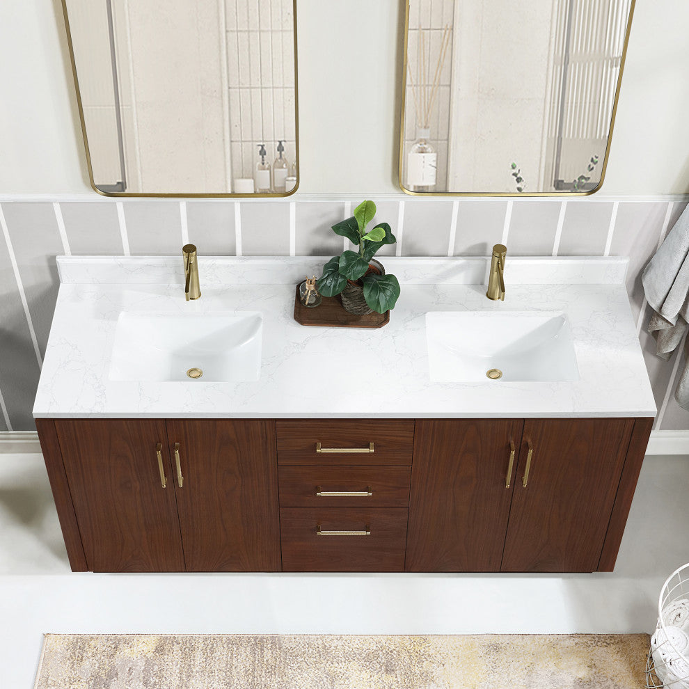 San Bath Vanity with Stone Top, Natural Walnut, 72", Double Vanity, No Mirror