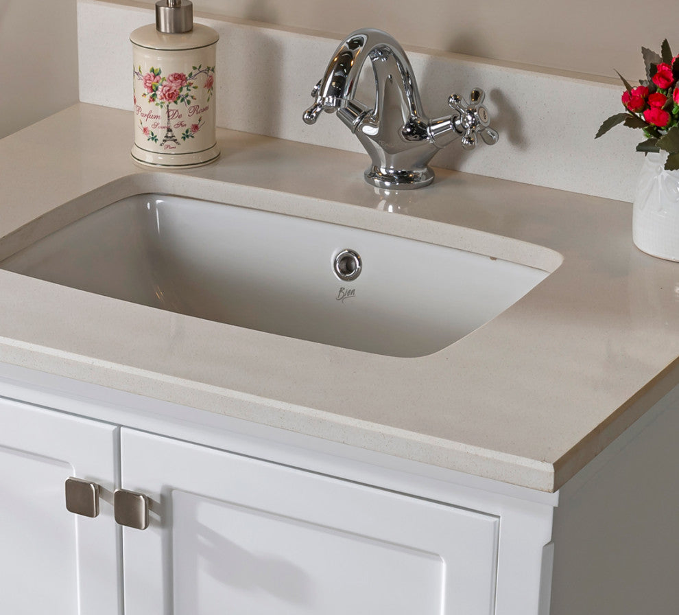 Nera Collection 30" Bath Vanity Quartz Top and Ceramic Sink, White, 30"