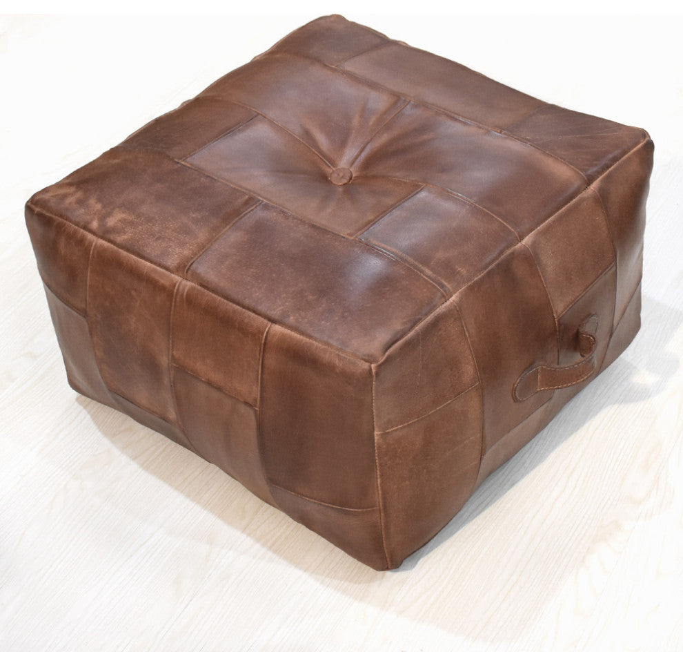 Geometric Handmade Leather Pouf (Recycled Foam with Fibre Fill) Black, [Square] 21x21x12