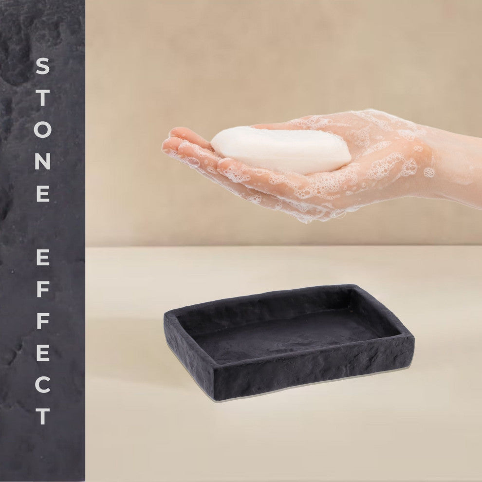 Elegant Stone-Effect Soap Dish Holder - Versatile Resin Tray for Bathroom Vanity, Black