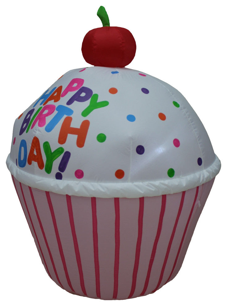 4' Tall Cute Happy Birthday Inflatable Cupcake and Cherry Lighted Decoration