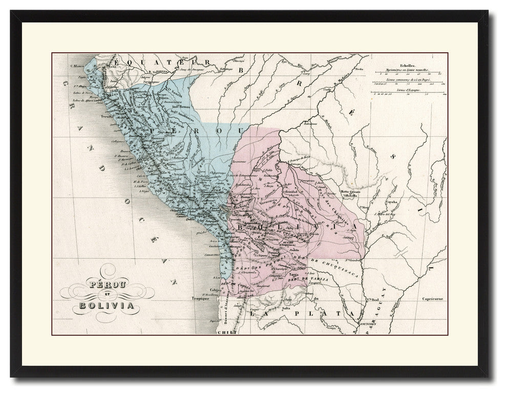 Peru Bolivia Vintage Antique Map Wall Art, 28"x37"