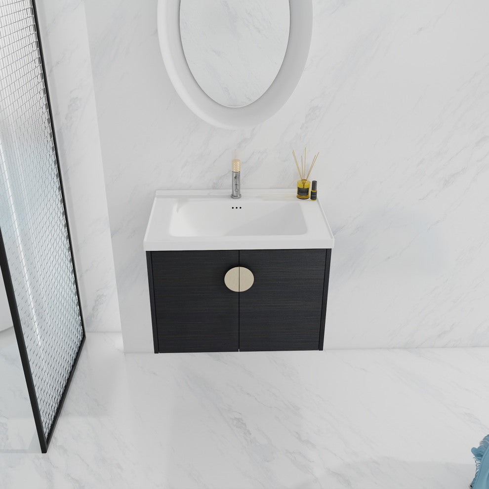 28" Plywood Wall Mounted Bath Vanity Set, Black, Ceramic Basin