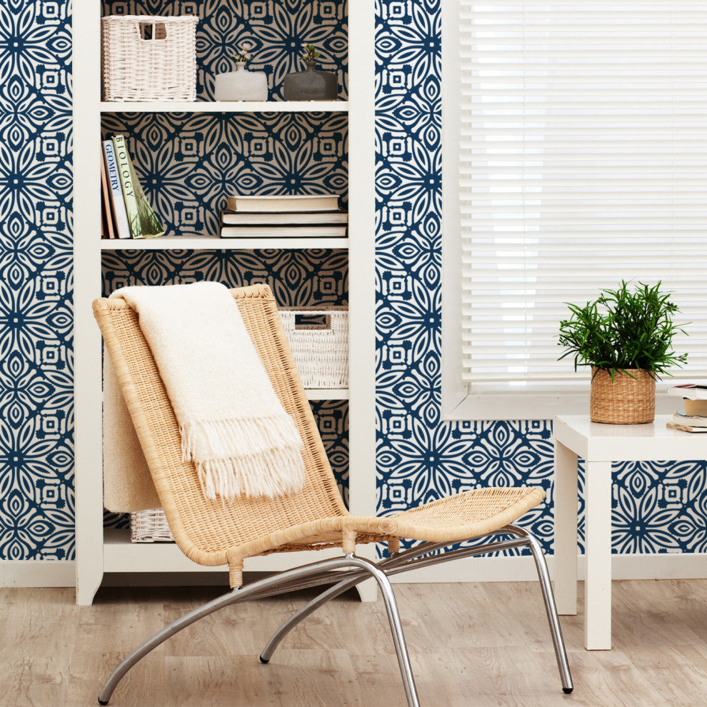 Geo Flowers Peel and Stick Vinyl Wallpaper, Navy, 24"w X 108"h