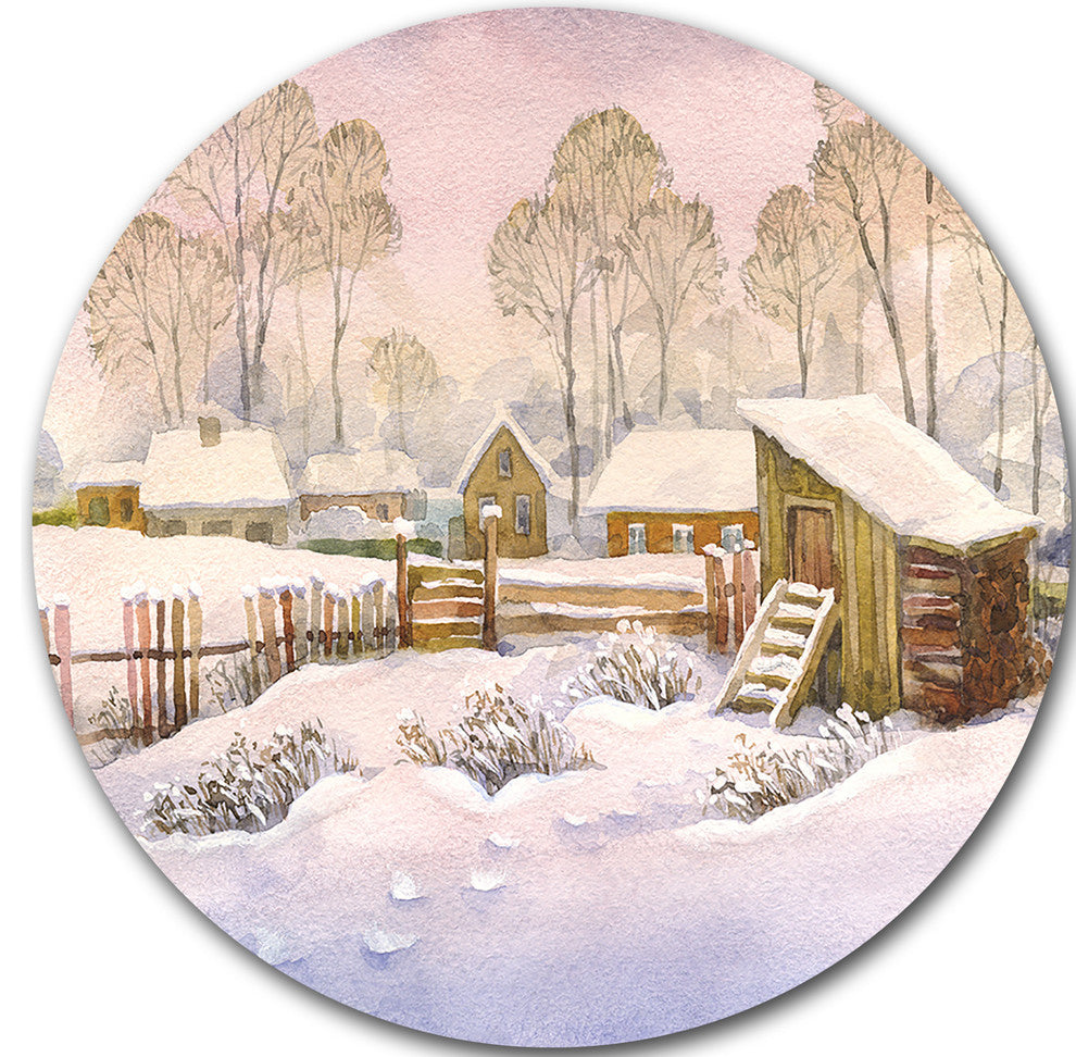 Old Winter Village, Landscape Watercolor Round Metal Wall Art, 36"
