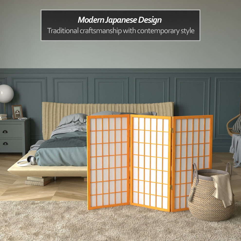 3' Tall Window Pane Shoji Screen, Honey, 3 Panels