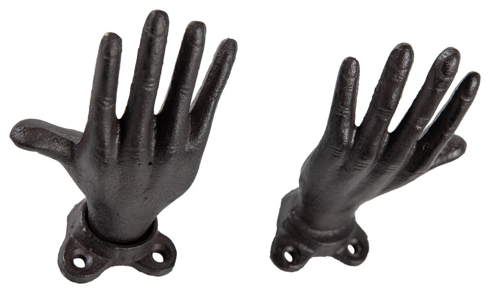 "Palms Up" Dark Brown Cast Iron Wall Mount Hook Set, Set of 2