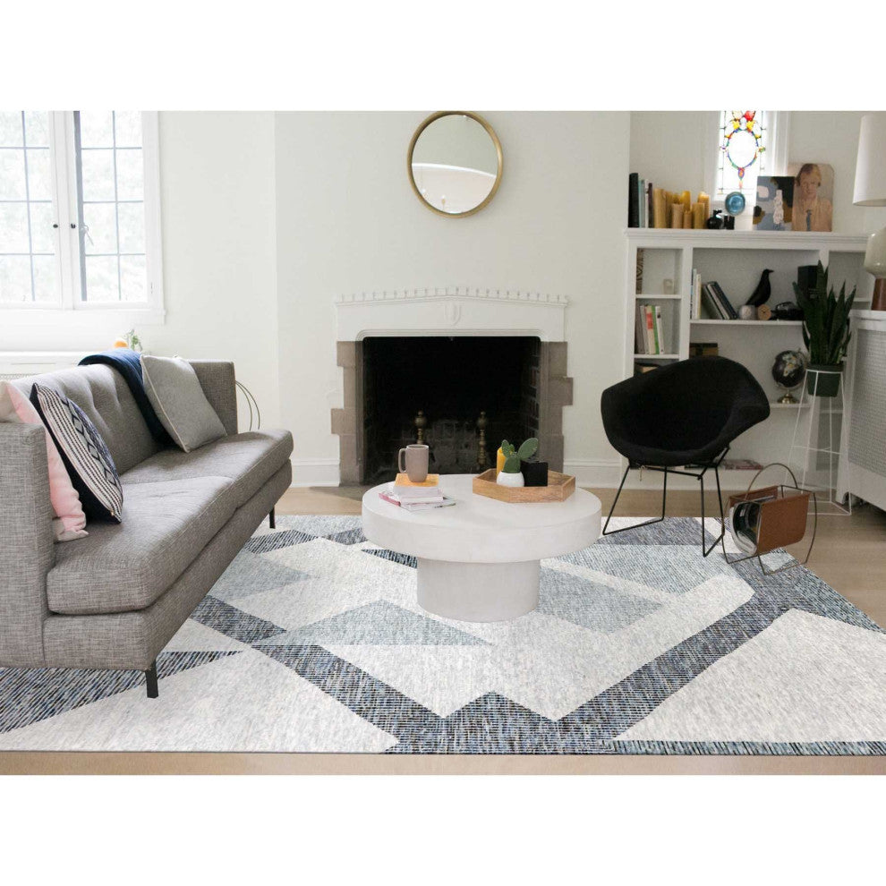 Gray, Geometric Art Nouveau Collection, Pure Wool Hand Knotted Rug, 9'1"x12'3"