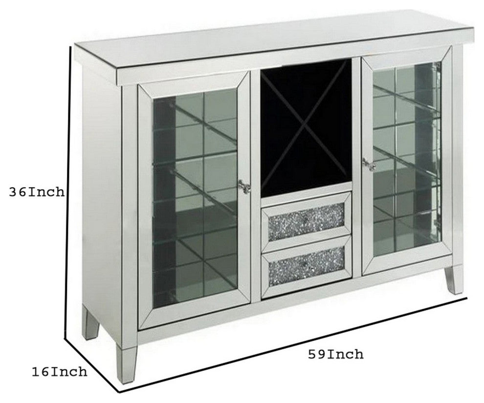 Benzara BM251174 LED Wine Cabinet, Mirror Panel Framing/2 Glass Doors, Silver