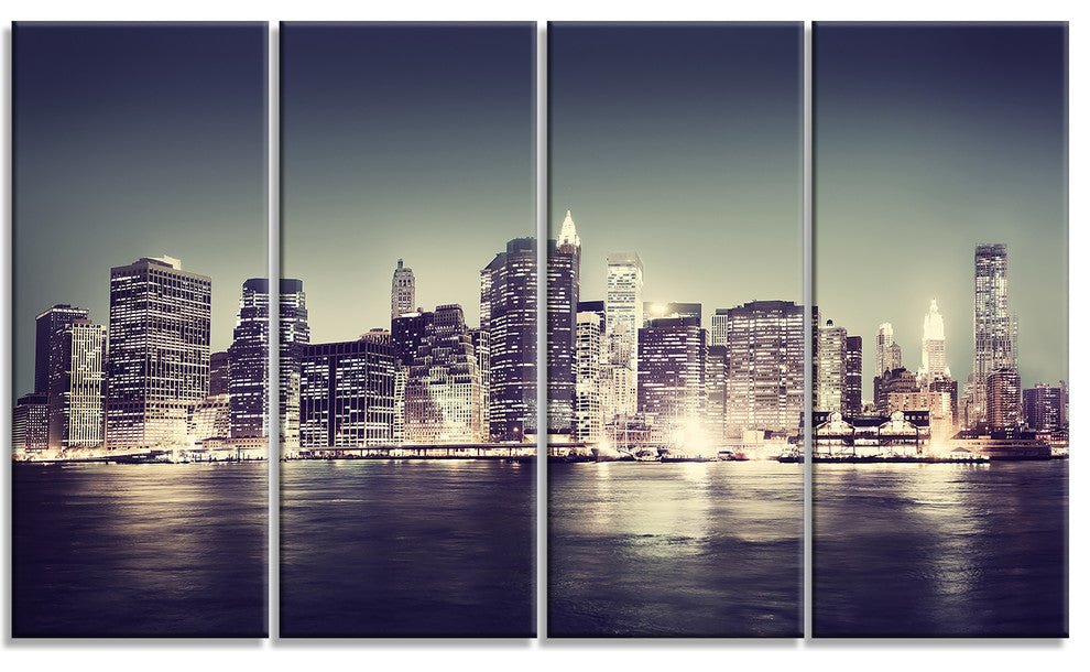 Black and White NYC Night Panorama, Canvas Print, 48"x28", 4 Panels