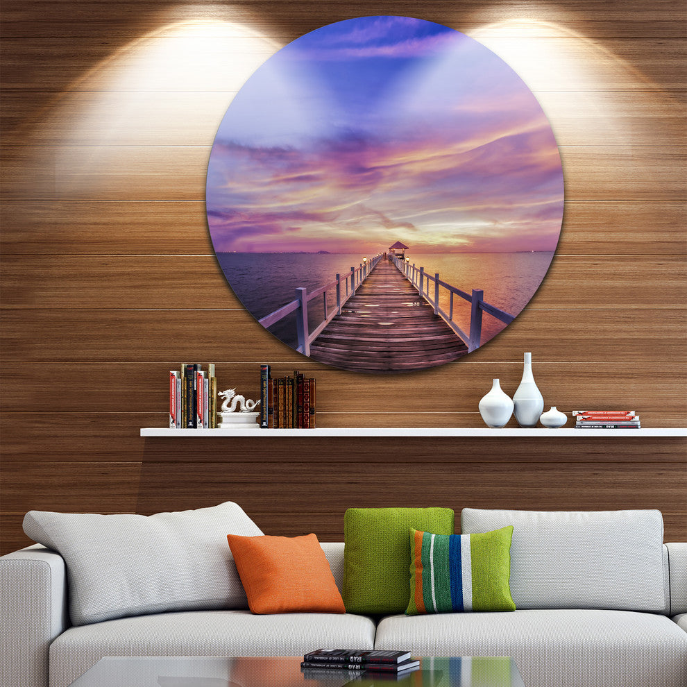 Wooden Bridge Under Purple Sky, Seascape Circle Metal Wall Art, 36"
