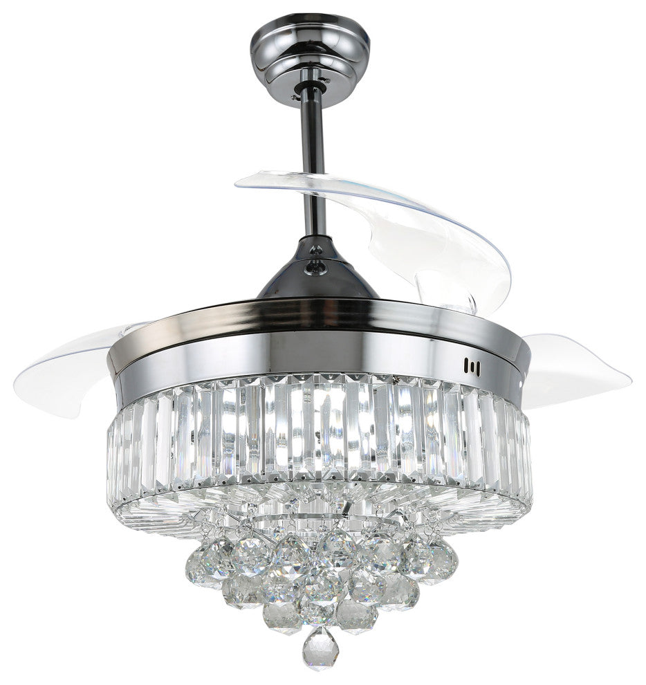 Unique Caged Ceiling Fan with Remote, LED light, Retractable Blades, Chrome