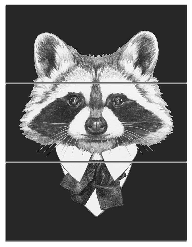 Funny Raccoon in Suit and Tie, Animal Triptych Canvas Art Print, 28x36, 3 Panels