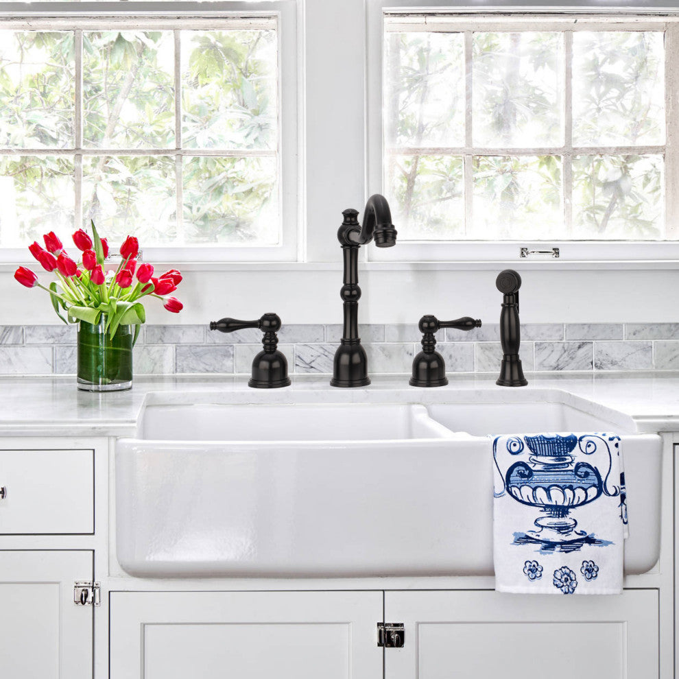 Two-Handles Copper Widespread Kitchen Faucet with Side Sprayer, Matte Black