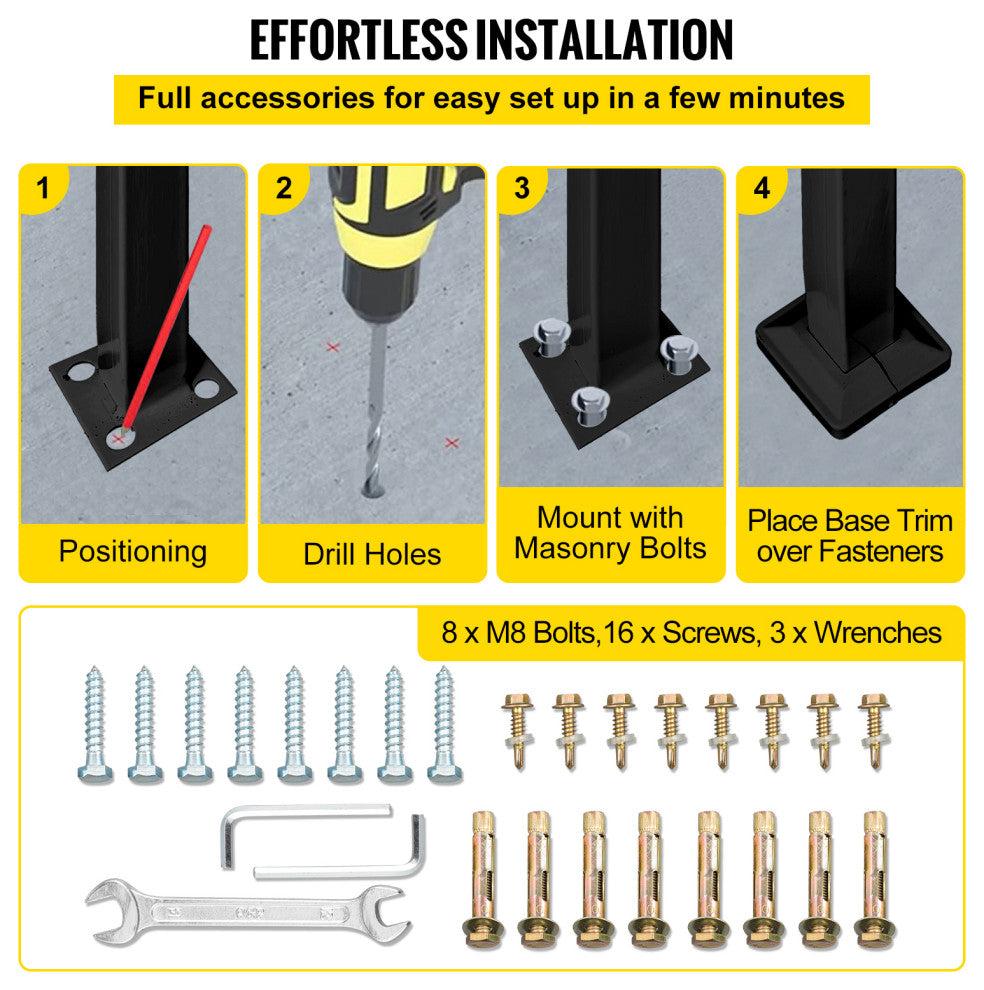 Wrought Iron Handrail Outdoor Stair Rail with Installation Kit, Black, Fit 3 Steps