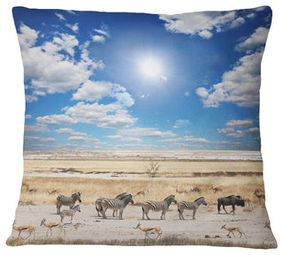 Wandering Zebras Under Bright Sky Landscape Printed Throw Pillow, 18"x18"