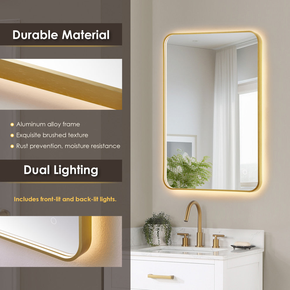 Dazzle Rectangular Bathroom/Vanity LED Lighted Wall Mirror, Brushed Gold, 24"