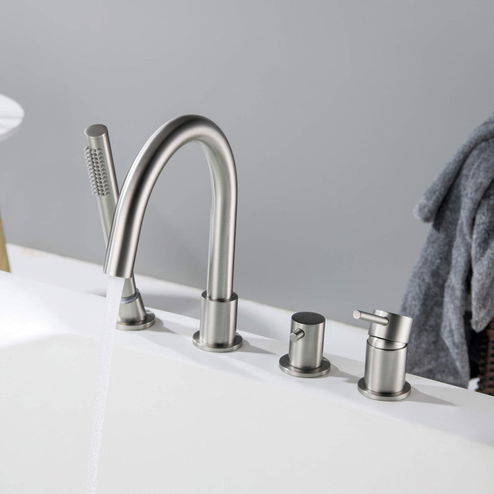 Circular Deck Mounted Bathtub Faucet With Hand Shower, Brushed Nickel