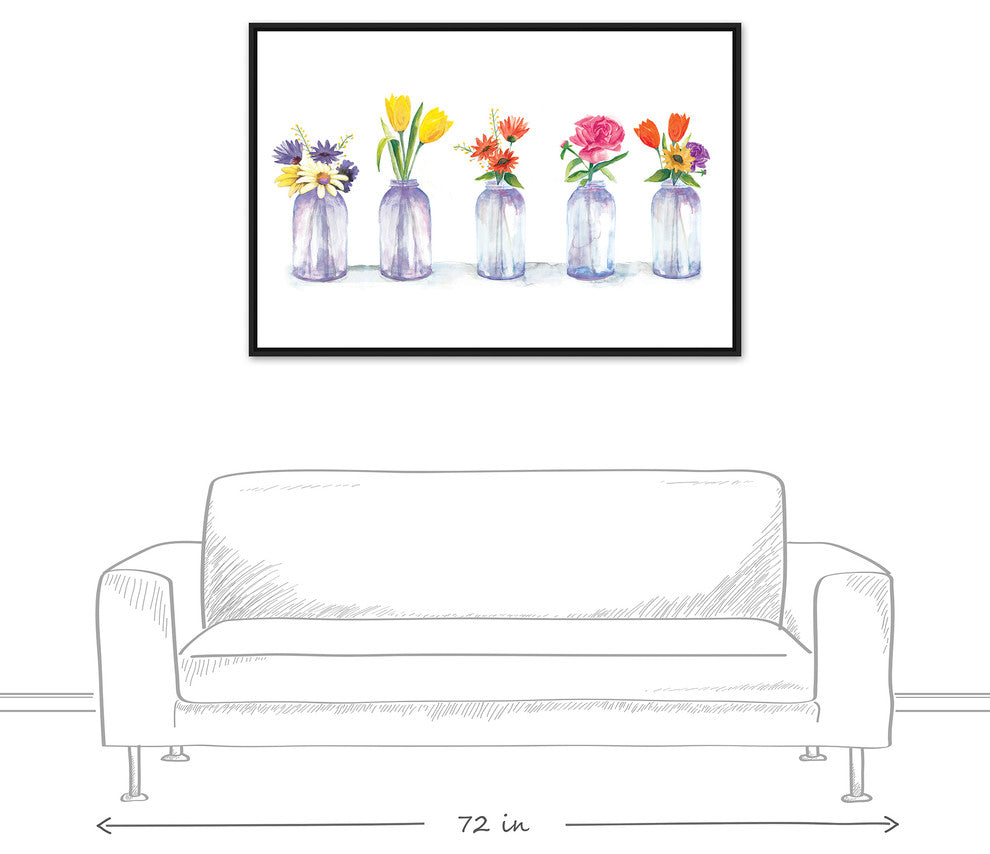 Painted Flowers in Glass Jars Print 32x48 Black Floating Framed Canvas