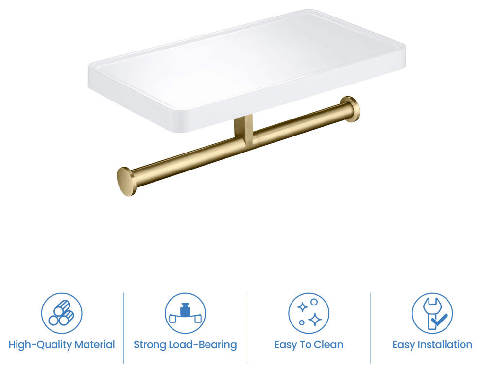 Deco Bathroom Toilet Paper Holder Double Roll With Shelf, Brushed Gold