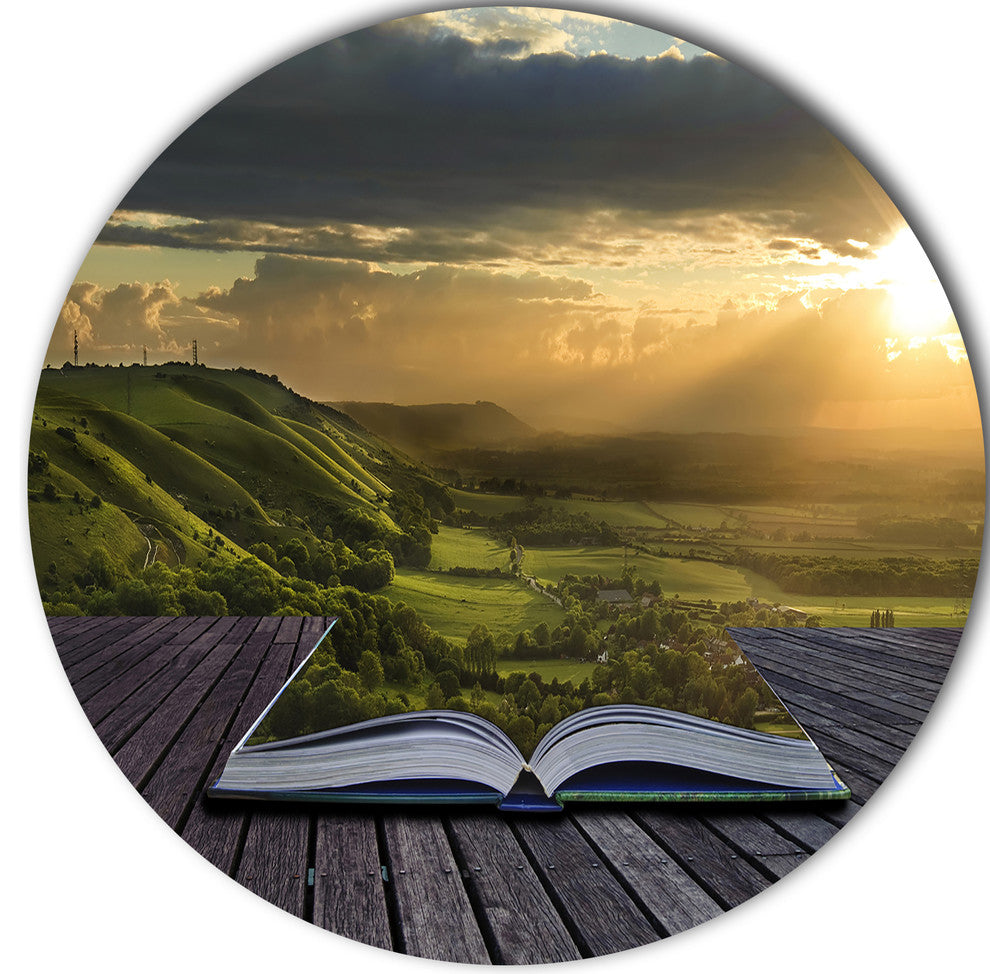 Open Book To Green Valley, Digital Art Landscape Round Wall Art, 23"