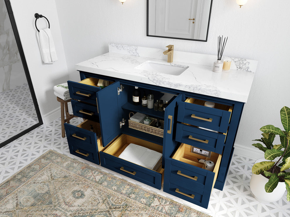 Boston 60 Single Bathroom Vanity in Navy Blue 1.5" White Quartz