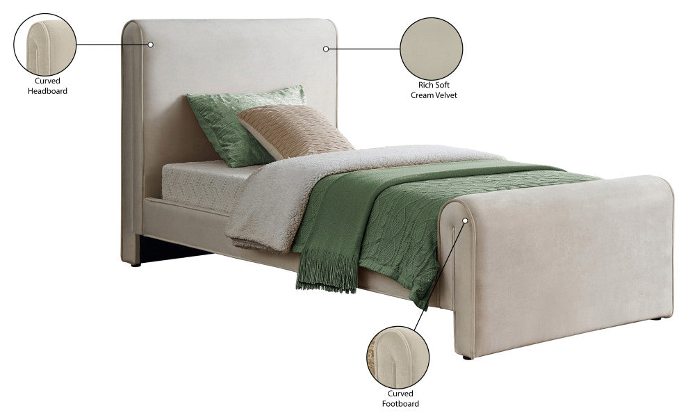Sloan Black Velvet Full Bed, Cream, Twin