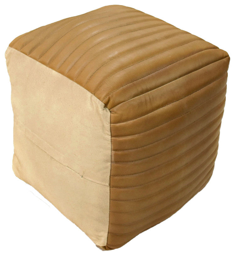 Poufs-Solid Handmade Goat Leather Pouf, Recycled Cotton Fill, Beige, Square 16x16x16