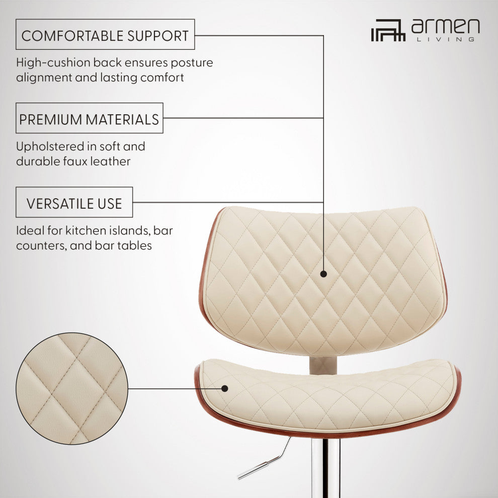 Leland Adjustable Faux Leather and Metal Bar Stool, Cream and Chrome