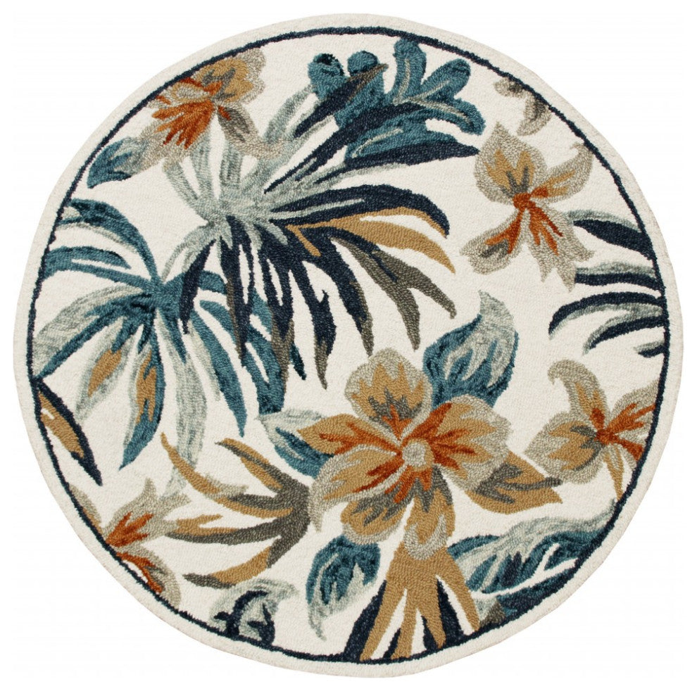 4' Round Blue and White Tropical Area Rug