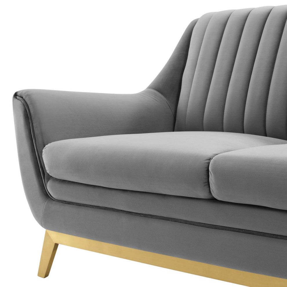Tufted Loveseat Sofa, Velvet, Gray, Modern, Living Lounge Hotel Hospitality