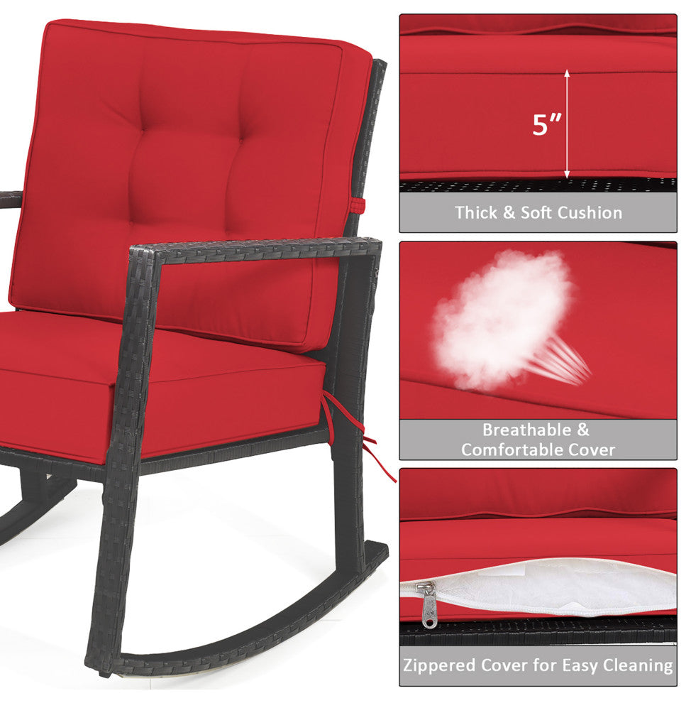 Costway 2PCS Patio Rattan Rocker Chair Outdoor Glider Rocking Chair Cushion Red