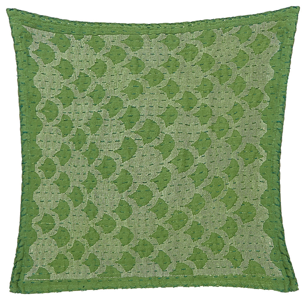 Artisan Hand Loomed Cotton Square Pillow, Green Ginkgo Design, 24"