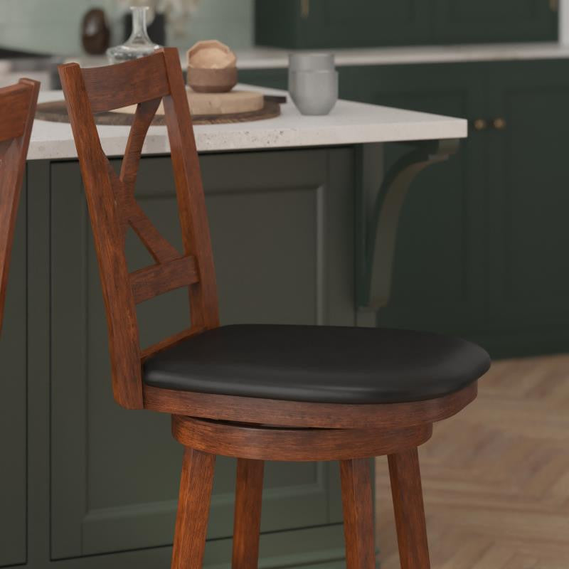 Felicity Wood Crossback Swivel Counter Height Barstool with Upholstered Seat, Black Vinyl/Antique Oak Frame