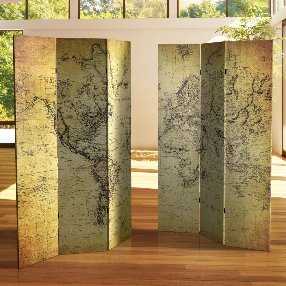 6' Tall Double Sided Vintage World Map Canvas Room Divider