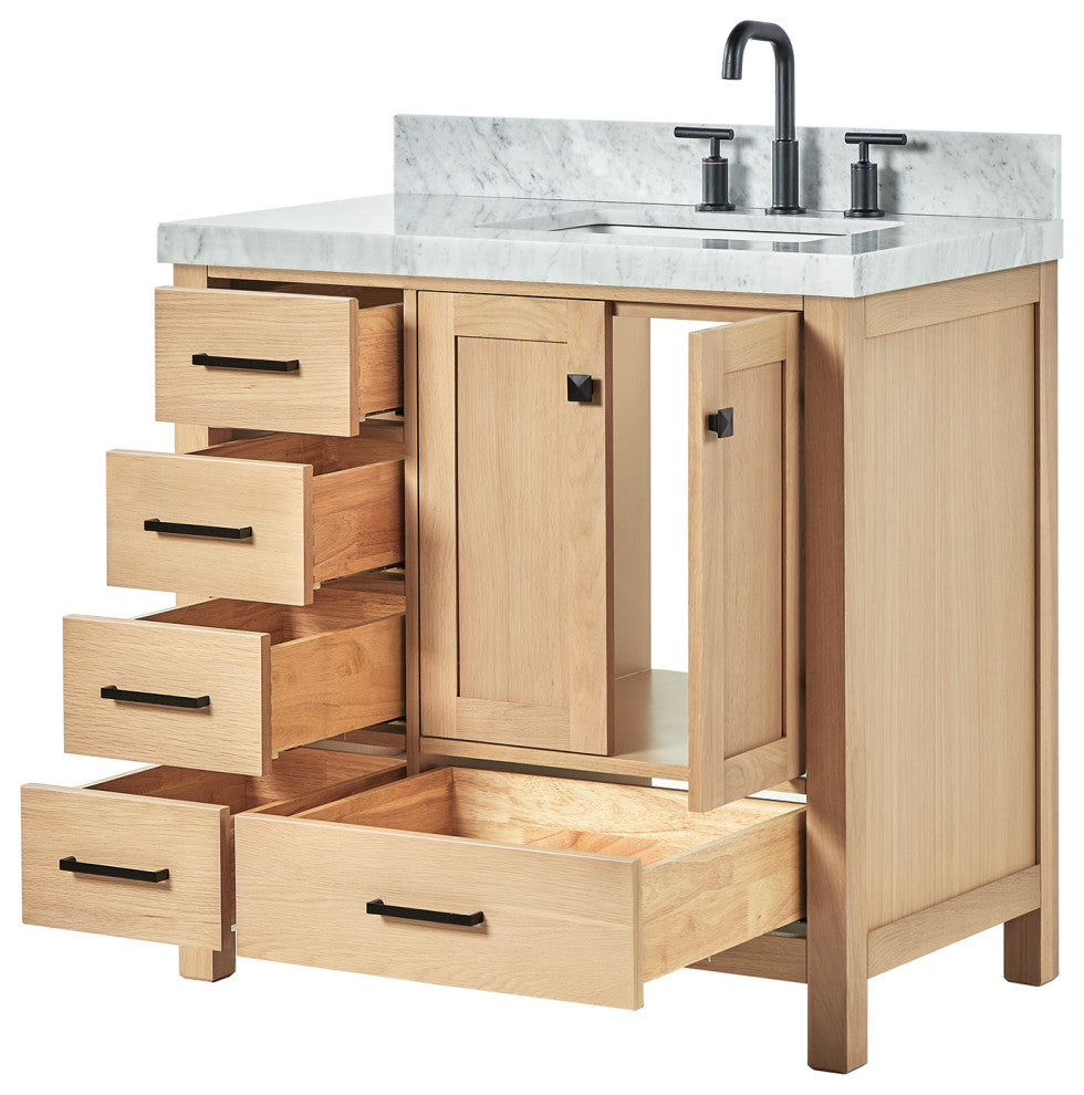 Cambridge 36" Single Bath Vanity With Italian Carrara Marble Top, Oak