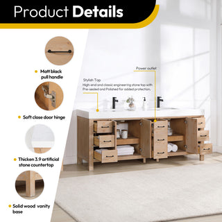 Leon Bath Vanity With Composite Stone Top, Fir Wood Brown, 84", No Mirror