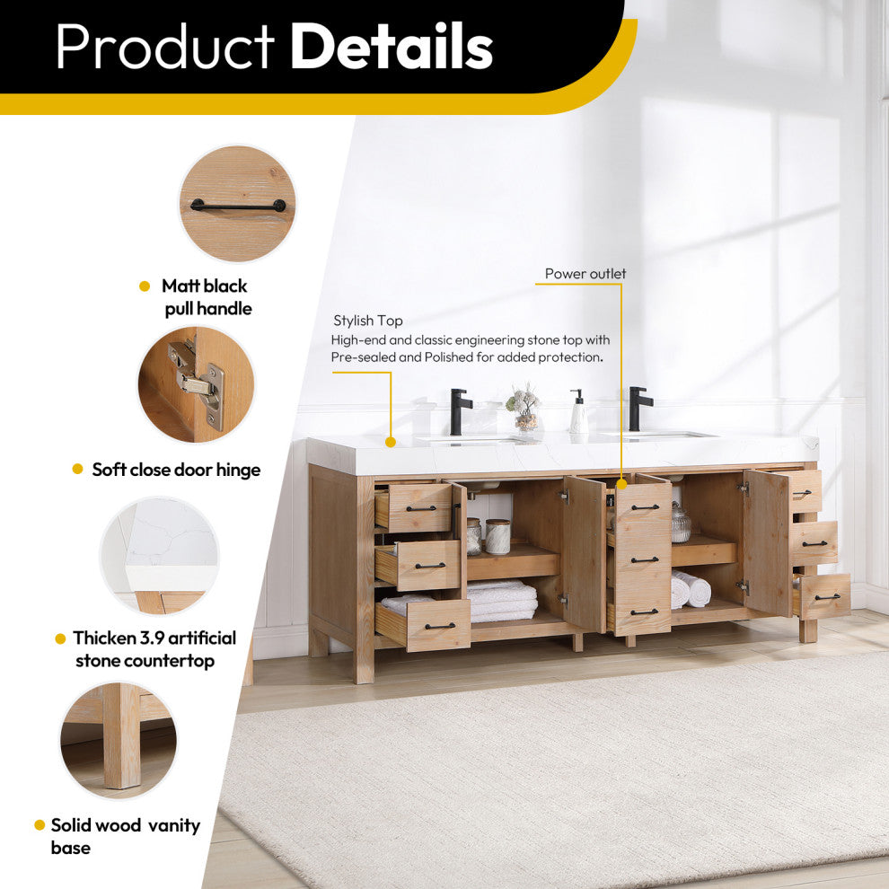 Leon Bath Vanity With Composite Stone Top, Fir Wood Brown, 84", No Mirror