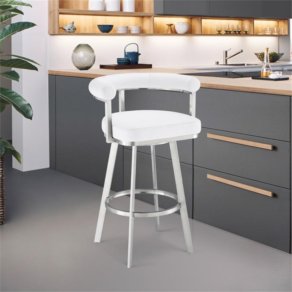 Armen Living Magnolia 26" Stainless Steel & Faux Leather Counter Stool in White