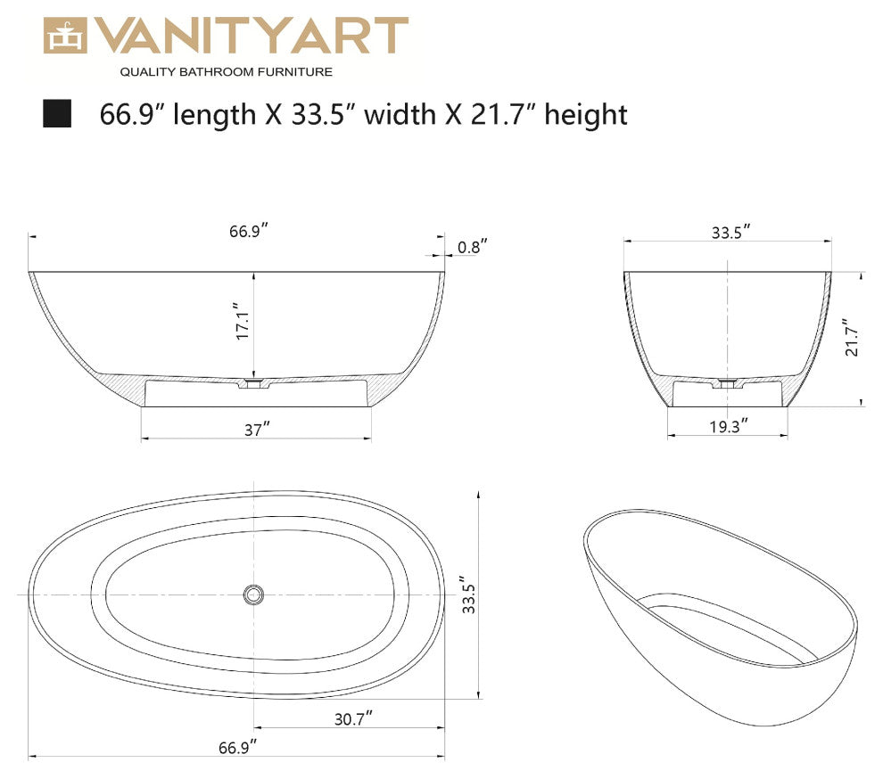 Vanity Art Freestanding Soaking Stone Resin Bathtub, Pure Resin Coffee, Large