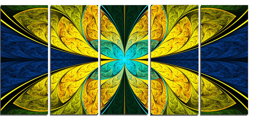Bright Yellow Blue Fractal Flower, Floral Canvas Art Print, 60"x28", 5 Panels