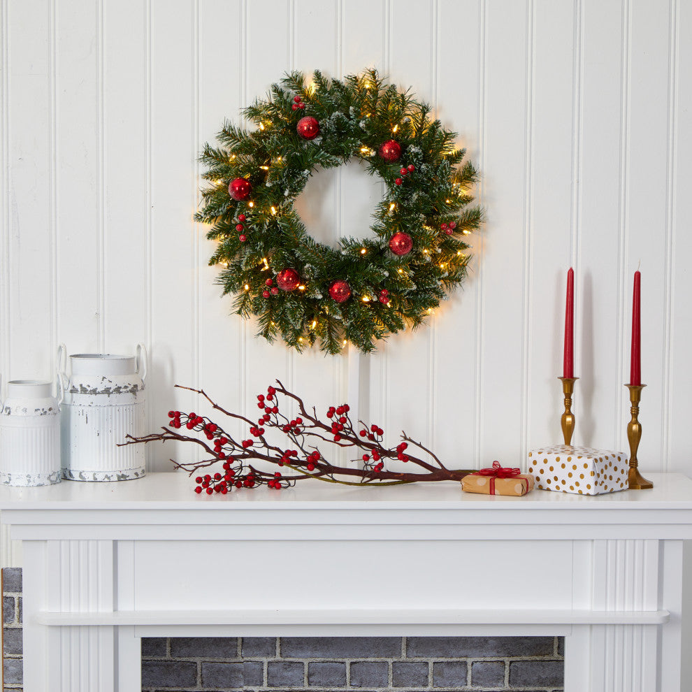 24" Frosted Faux Christmas Wreath With 50 LED Lights, Ornaments and Berries