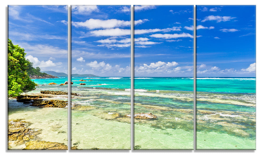 "Tranquil Seychelles Tropical Beach" Modern Seascape Wall Art, 4 Panels, 48"x28"